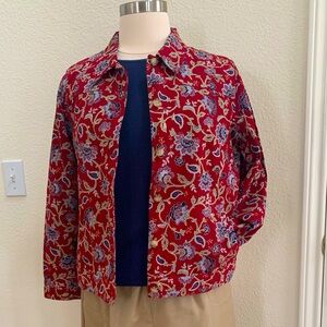 Haymaker XL, dark red, blue, green, tan floral pattern denim jacket